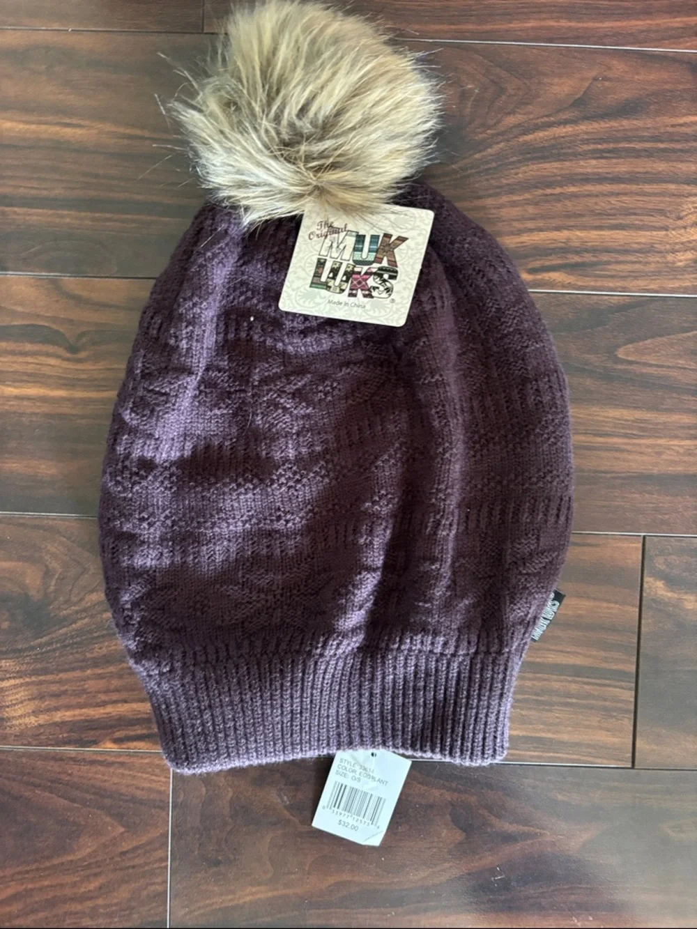 Muk Luks Deep Plum Knit Slouchy Beanie with Faux Fur Pom